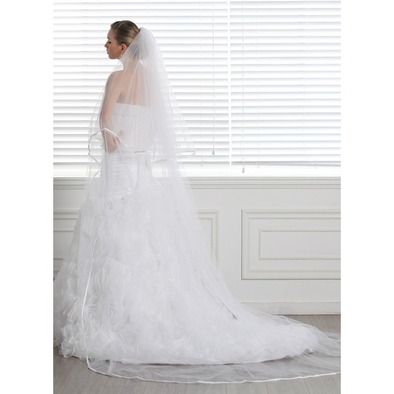 Two-tier Satin Edge Cathedral Bridal Veils With Ribbon