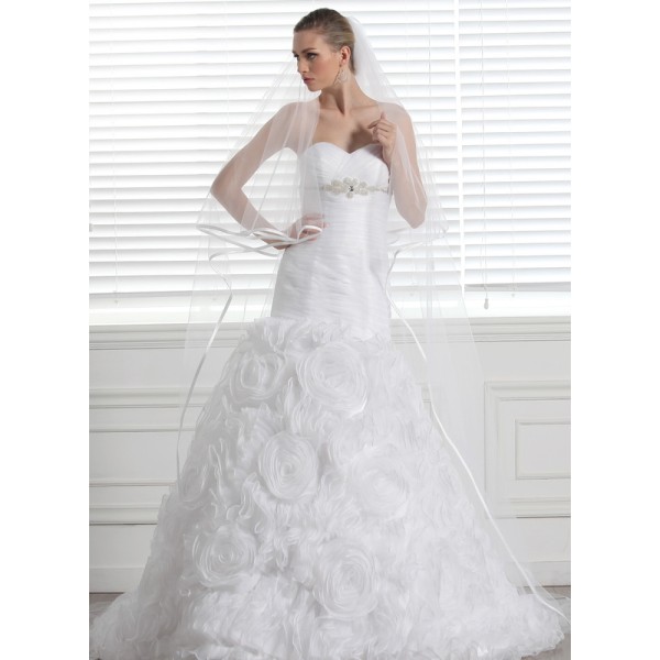 Two-tier Satin Edge Cathedral Bridal Veils With Ribbon