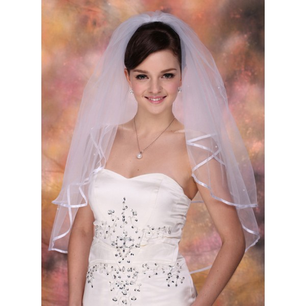 Two-tier Satin Edge Elbow Bridal Veils With Ribbon/Faux Pearl