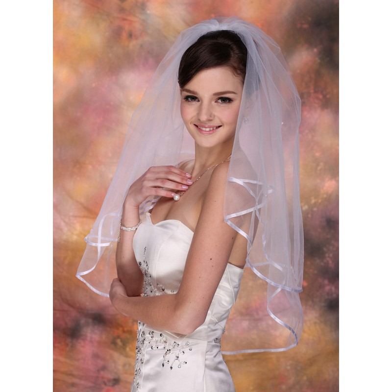 Two-tier Satin Edge Elbow Bridal Veils With Ribbon/Faux Pearl