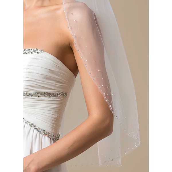 One-tier Beaded Edge Elbow Bridal Veils With Rhinestones/Faux Pearl