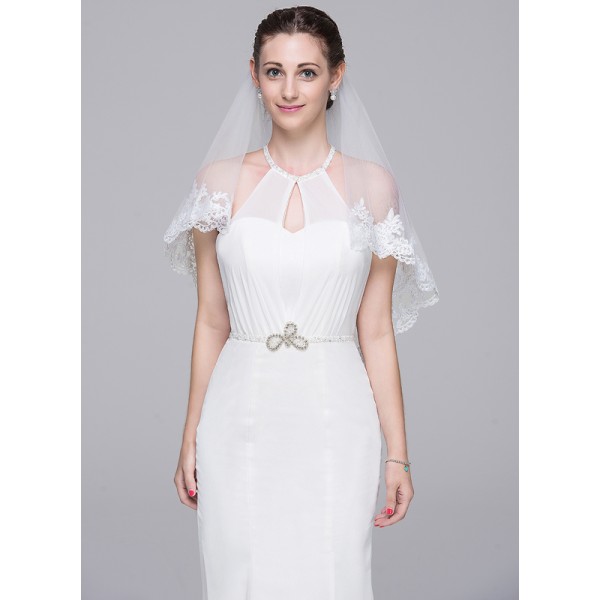 Two-tier Lace Applique Edge Elbow Bridal Veils With Lace