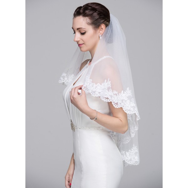 Two-tier Lace Applique Edge Elbow Bridal Veils With Lace