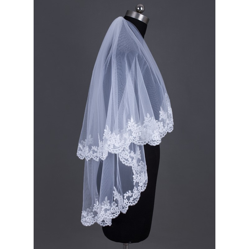 Two-tier Lace Applique Edge Elbow Bridal Veils With Lace