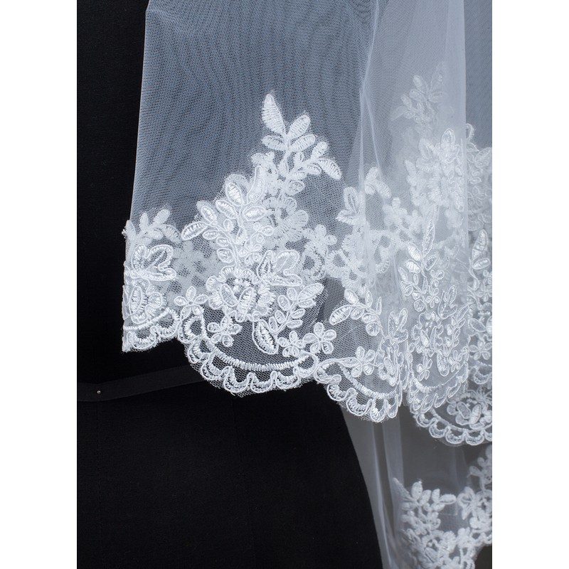 Two-tier Lace Applique Edge Elbow Bridal Veils With Lace