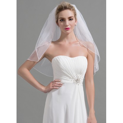 Two-tier Cut Edge Elbow Bridal Veils With Faux Pearl