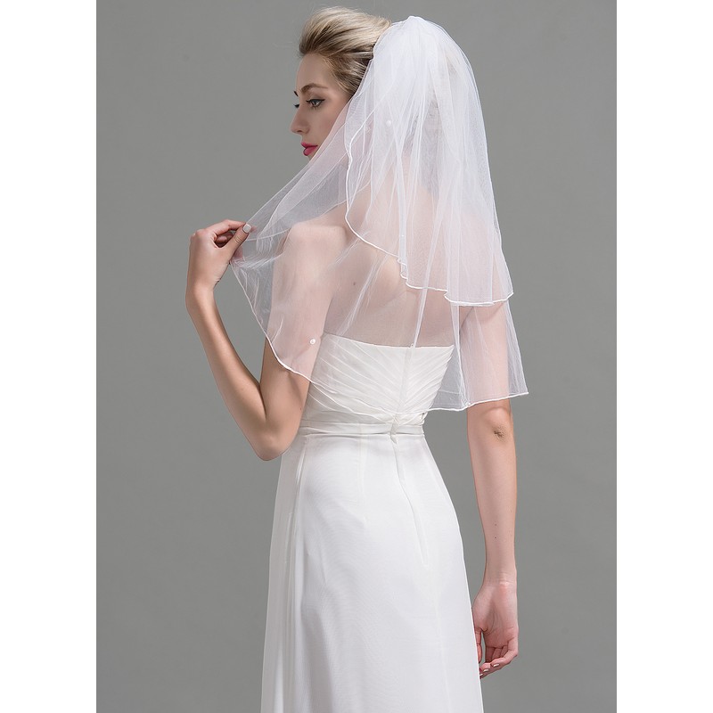 Two-tier Cut Edge Elbow Bridal Veils With Faux Pearl